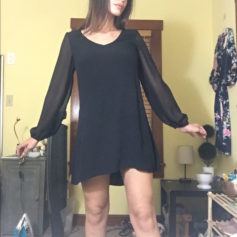 Express black shift dress with sheer puff sleeves